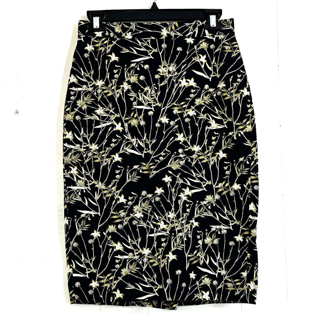 Banana Republic Women's Pencil Knee Skirt Size 0 Black Yellow Floral Skirt